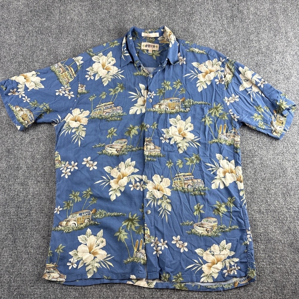 Campia Moda Hawaiian Shirt Blue Floral Hibiscus Retro Woody Wagon Mens M